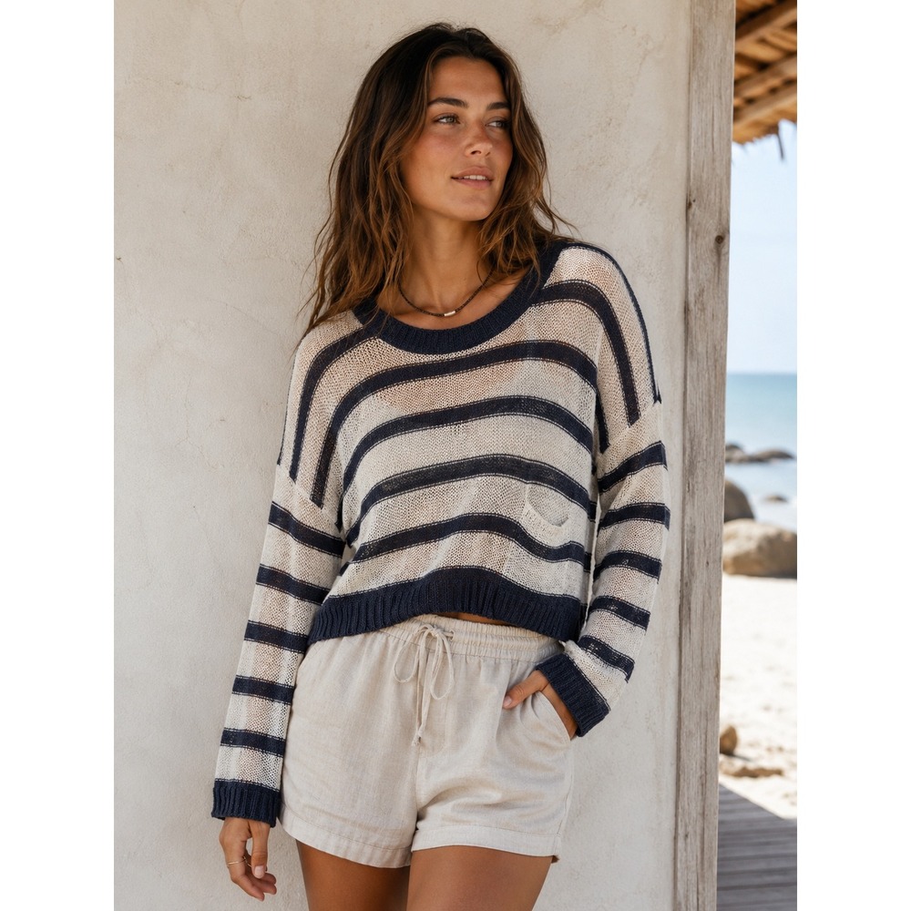 AQUA Striped Coastal Beachy Nautical Linen Rollneck Open Knit Sweater